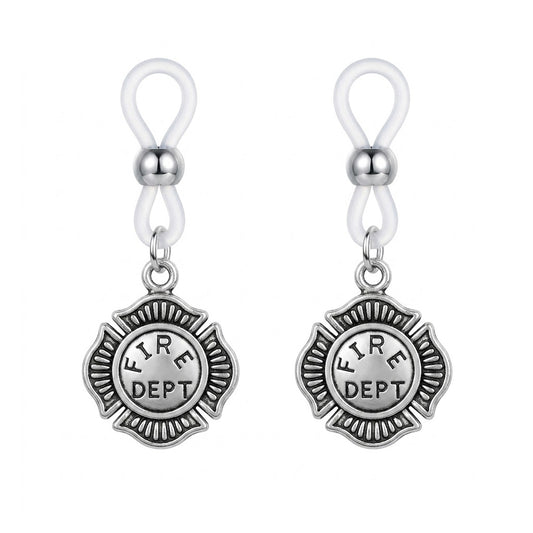 One pair of matching faux piercing nipple dangles featuring antique silver Fire Dept badges and skin-safe adjustable silicone loops, sold as a set of two for lingerie roleplay.