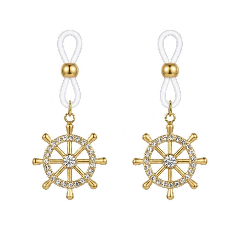 One complete pair (2 pieces) of luxury gold fake piercing nipple clamps with non-adjustable nautical helm dangles and clear silicone loops, isolated on a clean white background for e-commerce listing.