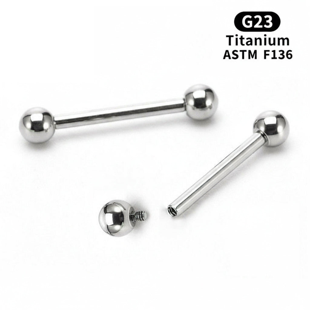 14g internally threaded straight barbell featuring an ASTM F136 implant grade titanium shaft and high-polish steel balls.
