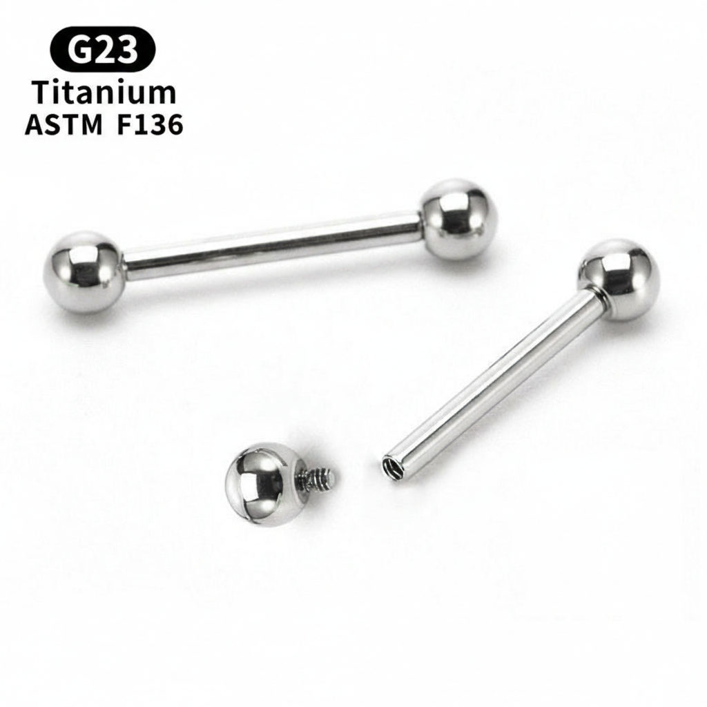 14g internally threaded straight barbell featuring an ASTM F136 implant grade titanium shaft and high-polish steel balls.