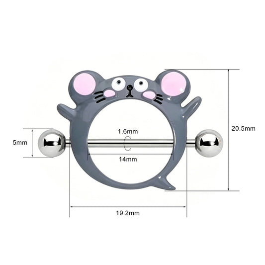 Product size specification chart for the mouse nipple shield, showing 1.6mm barbell thickness, 14mm wearable length, 5mm ball size, and 19.2mm by 20.5mm outer dimensions.
