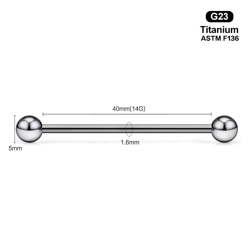 Dimensions for the maximum 40mm length 14G straight barbell piercing jewelry.