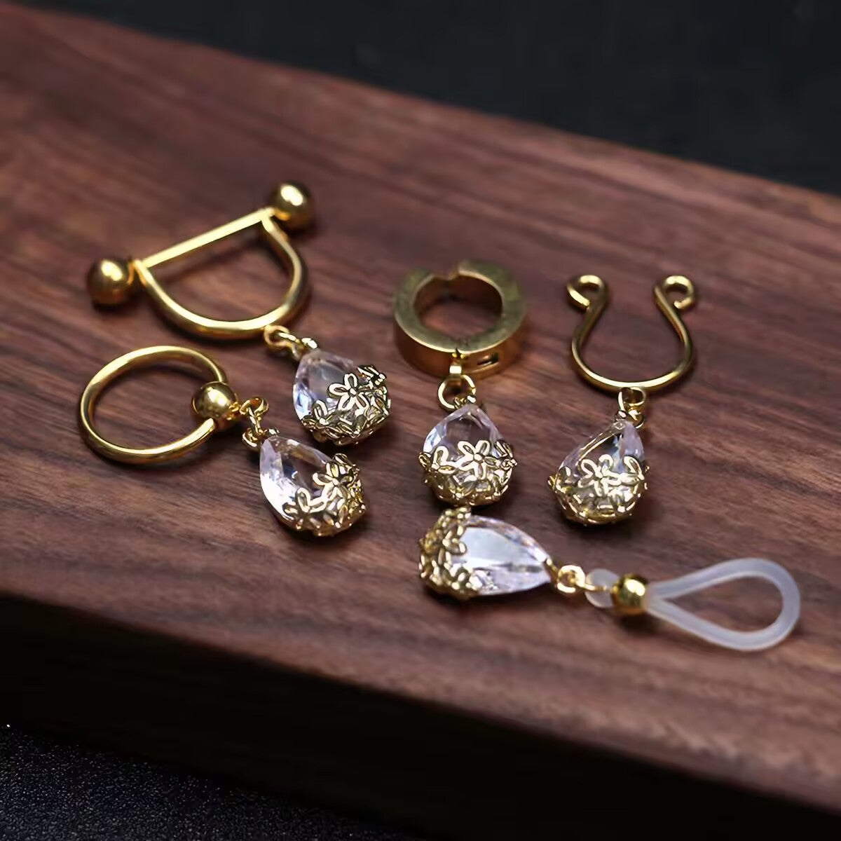 Sparkling Crystal Tear Drop Nipple Rings - Gold Vintage Dangle Pierced Barbell & Hoop Body Jewelry