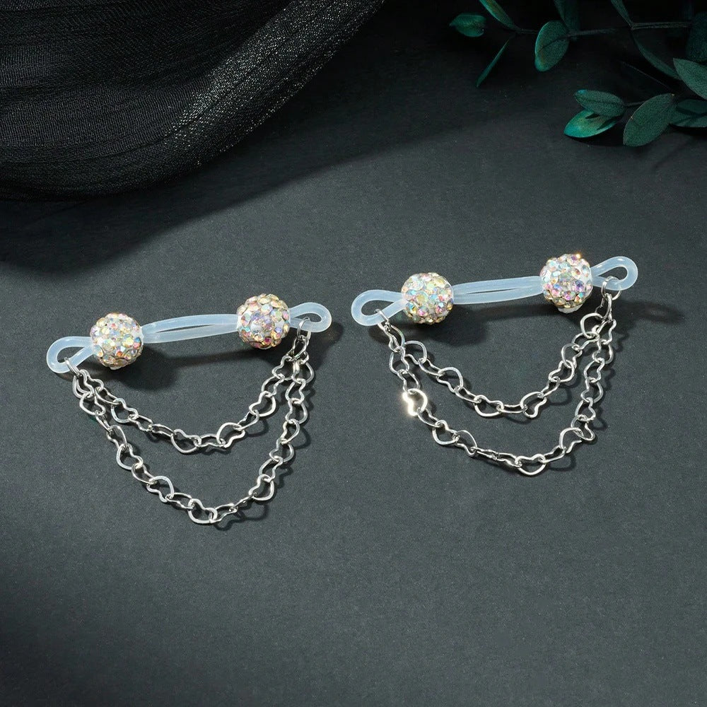 Pair of iridescent AB Color sparkling-ball non-piercing nipple jewelry with double silver-tone heart chains