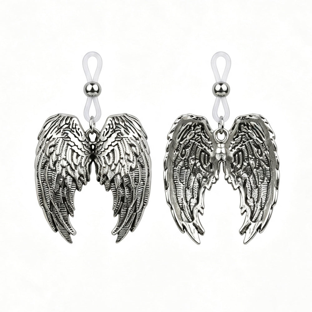 Front and back view of non-pierced angel wing nipple jewelry showing detailed wings and clear adjustable rubber loops.