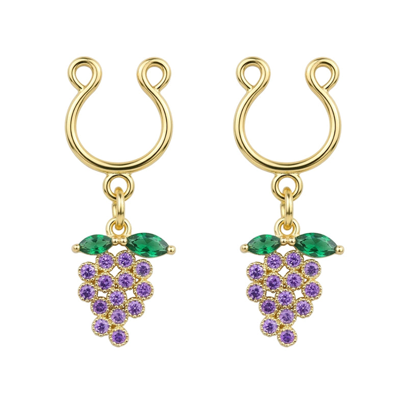 Pair of adjustable fake nipple rings with dangle purple grape pendants and green marquise gems for non-pierced body jewelry styling.