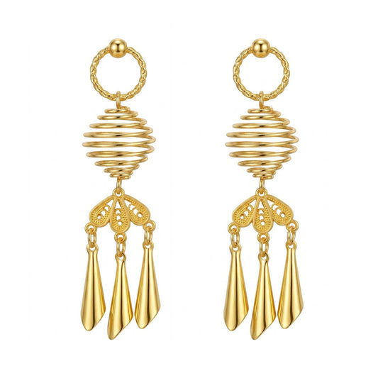 A pair of adjustable gold spiral nipple clamps with elegant hanging ornaments for alternative fashion.
