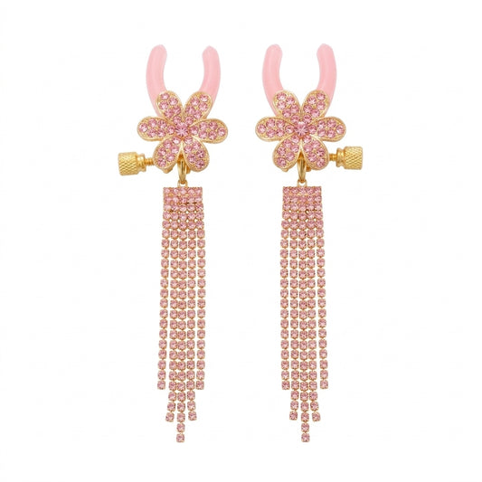 Two light pink crystal floral nipple clamps with shimmering tassels, designed for non-piercing body decoration.