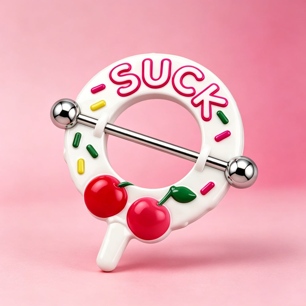 Creative shot of a lollipop nipple shield on a pink gradient background.