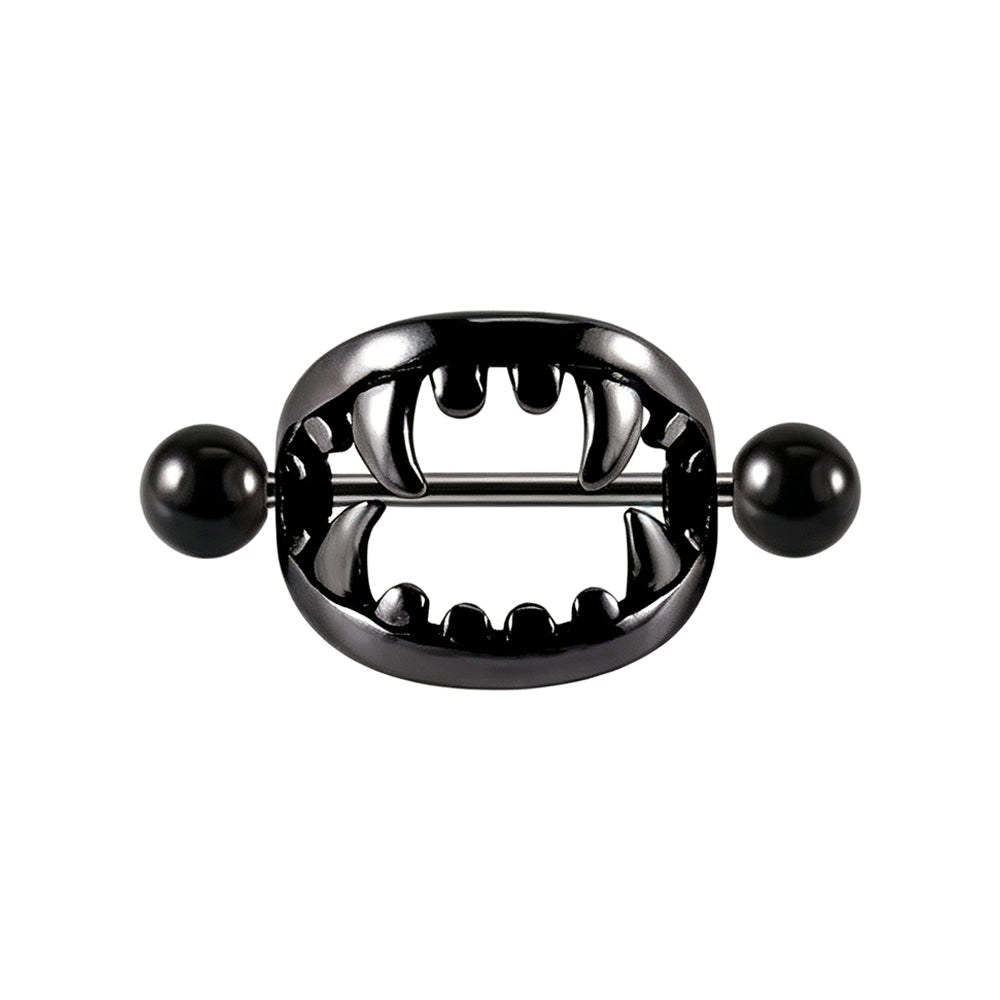 Black vampire fangs nipple shield pair with edgy monster teeth outline for alternative body fashion.