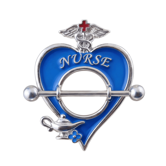 Close-up of a silver and blue enamel heart nipple piercing jewelry with a caduceus, isolated on white.