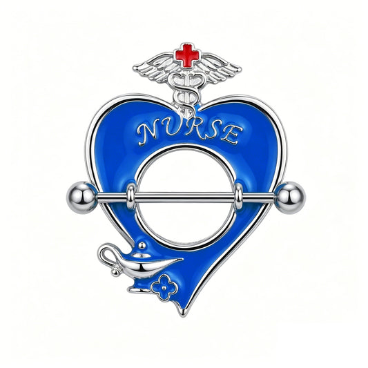 Blue enamel nurse nipple shield featuring red cross and nightingale lamp.