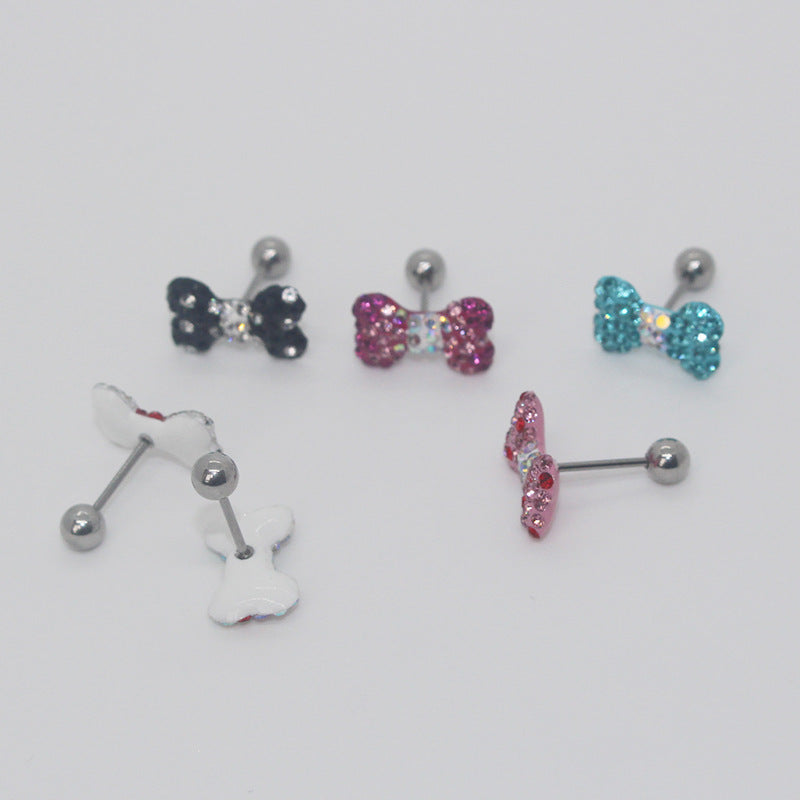 Six bow earrings showing rhinestone fronts, smooth bow backs and side views of the posts and ball ends.