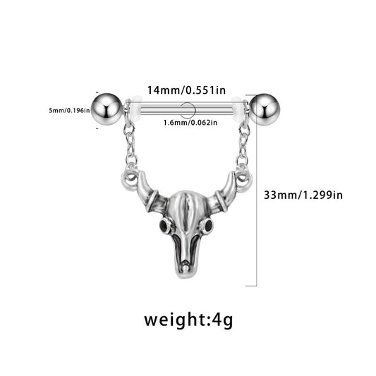 Detailed size chart for bull skull nipple ring showing 14mm bar length and 33mm dangle height