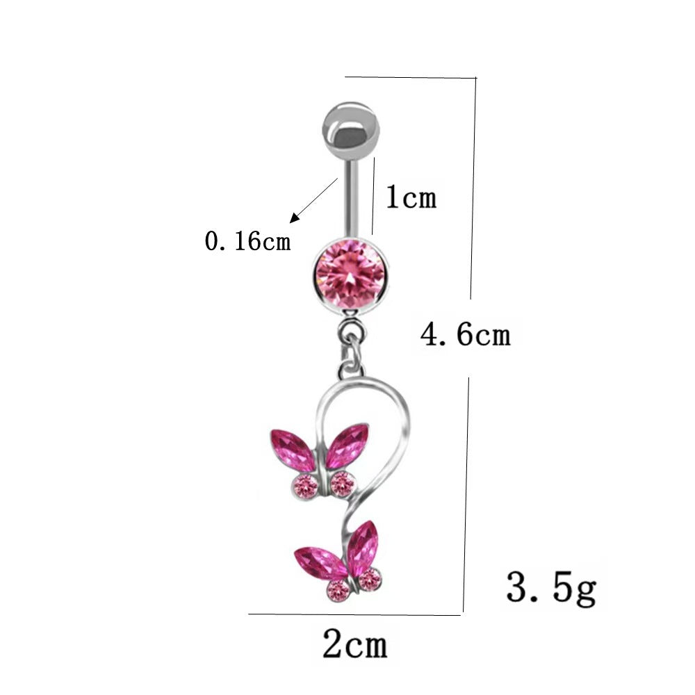 Size chart showing the 4.6cm length and 1cm bar of the butterfly navel piercing.