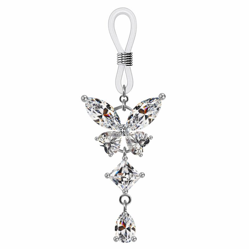 A single sparkling crystal butterfly non-pierced nipple clamp with an adjustable silicone loop and teardrop pendant, isolated on a white background.
