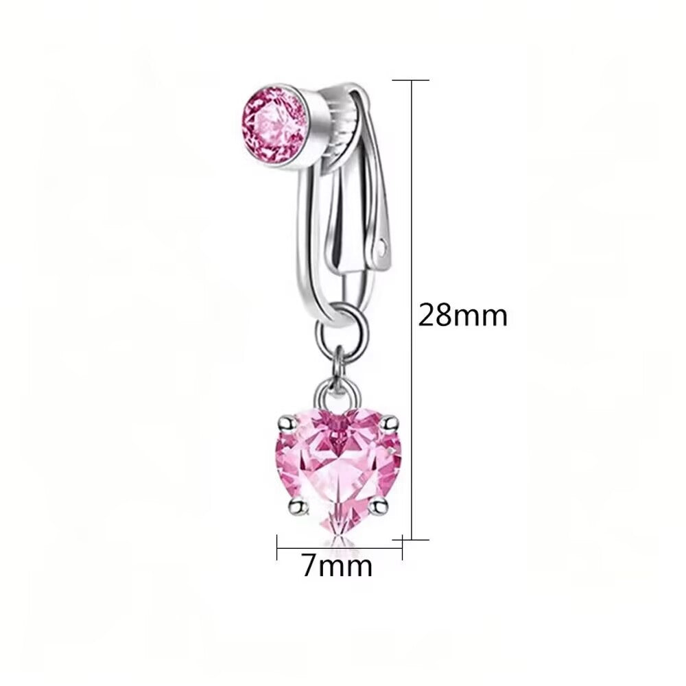 Product size diagram showing a 28mm length clip-on fake belly ring with a 7mm heart CZ charm.