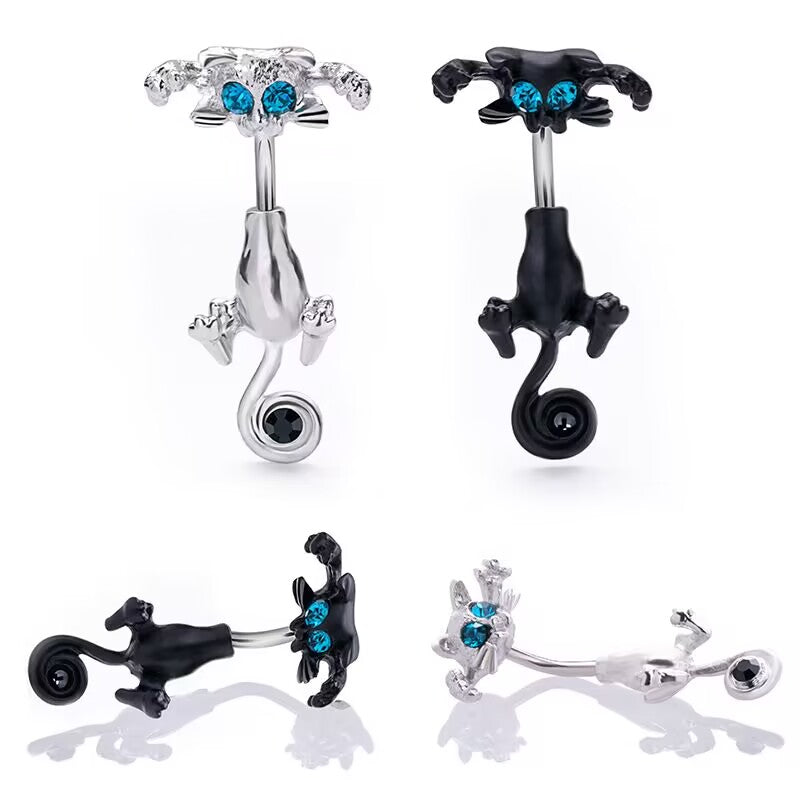 Multiple color and angle variations of cute cat curved barbell navel rings.