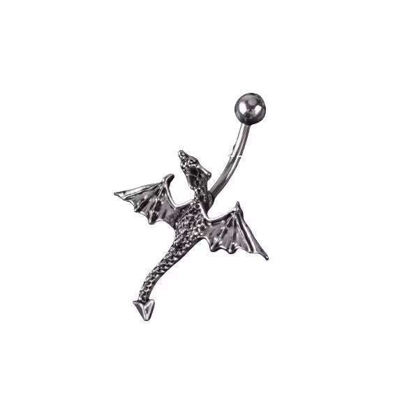 3D sculpted flying western dragon belly button piercing jewelry in dark vintage silver alloy.