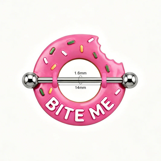 A pair of pink bitten donut nipple barbells for creative body piercing fashion.