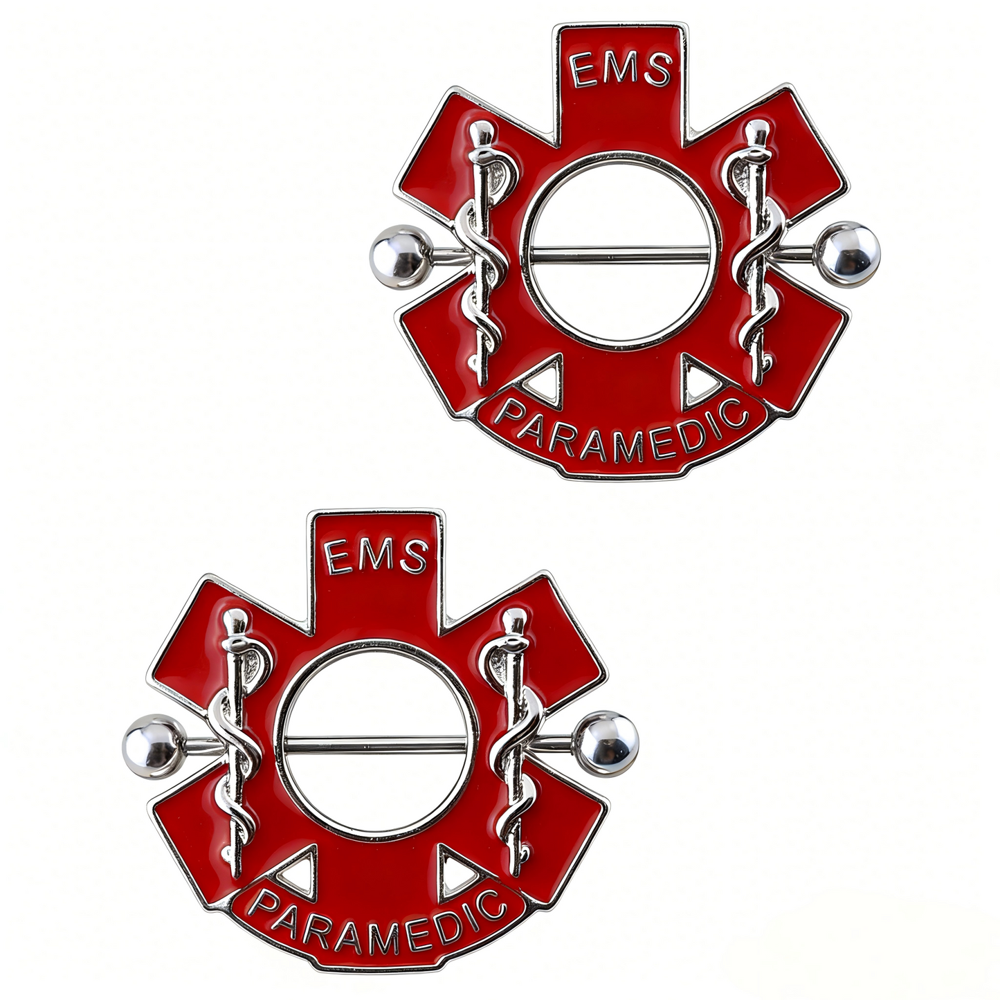 A set of two Red Star of Life EMS Paramedic nipple shield body jewelry pieces on a white background.
