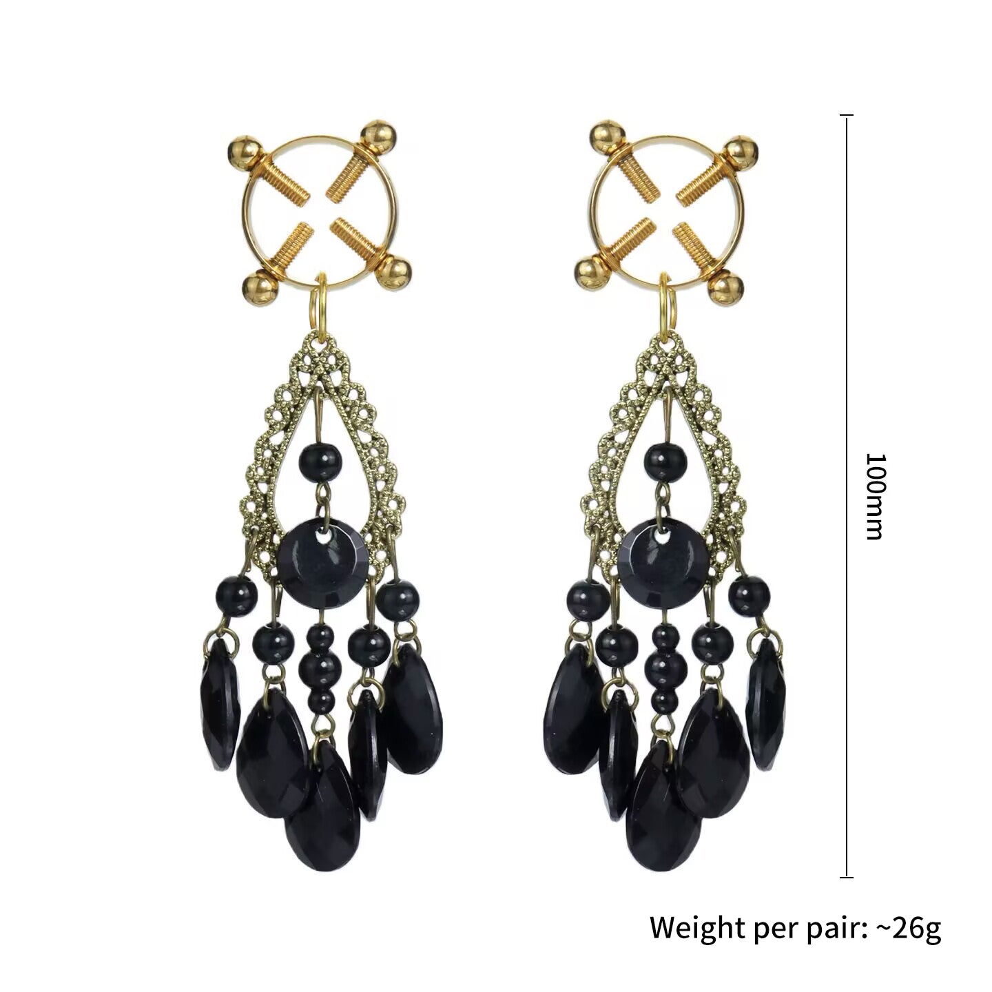 Pair of gold non-pierced 4-screw shield nipple clamps with gothic lace filigree and black teardrop crystal dangles, 100mm in length and weighing 26g per pair.