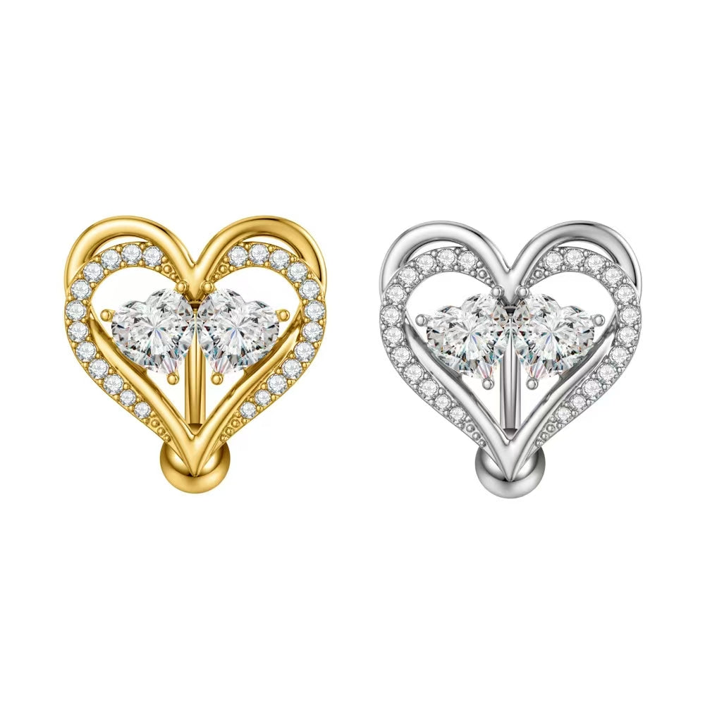 Gold and silver color options for the sparkling double heart navel ring.
