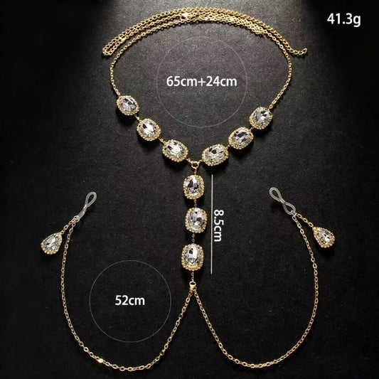 Flat lay of a gold non-piercing nipple chain body necklace with measurements showing 65cm plus 24cm necklace and 52cm chest chains.