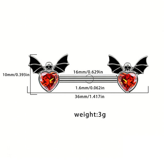 Detailed sizing chart diagram of the bat heart nipple barbell, showing measurements in millimeters and inches for total width, barbell length, gauge thickness, and design height. The diagram is overlayed on the product image.
