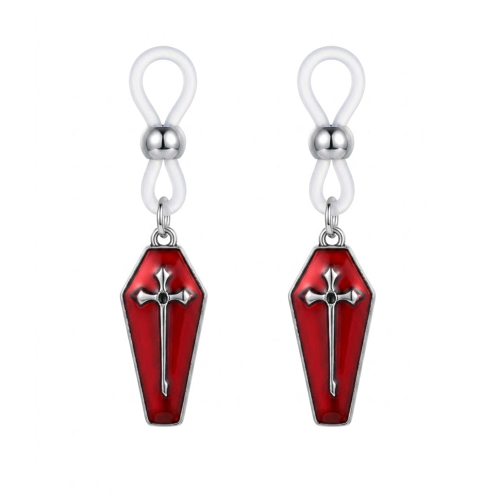 A pair of gothic red coffin cross non-piercing nipple clamps with transparent adjustable silicone loops for alternative body jewelry, 800x800 e-commerce white background image.