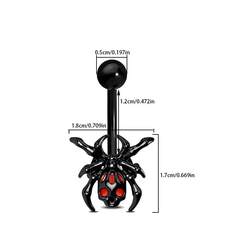 Size diagram of the gothic spider navel piercing showing 12mm curved barbell length, 5mm top ball, and 18mm spider pendant measurements.
