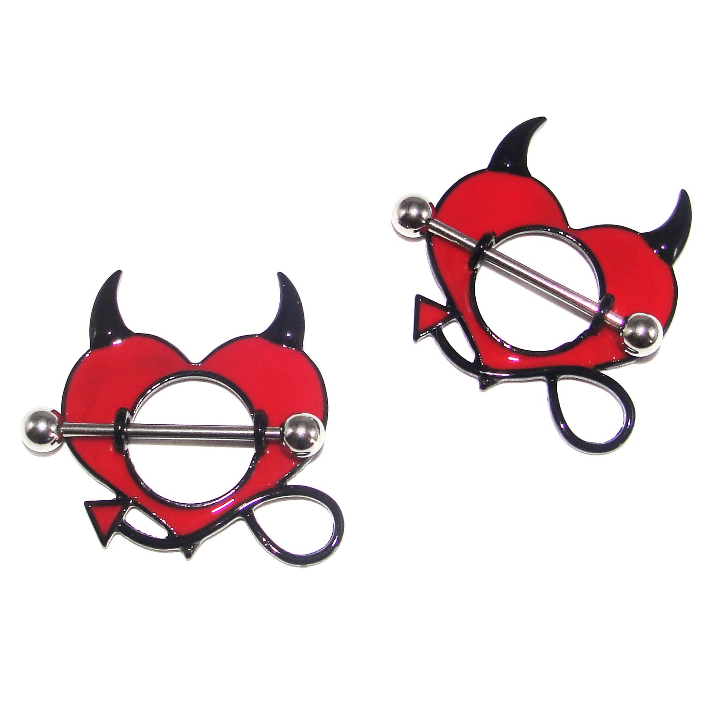 Close-up of 14G surgical steel red heart nipple ring with gothic aesthetic.