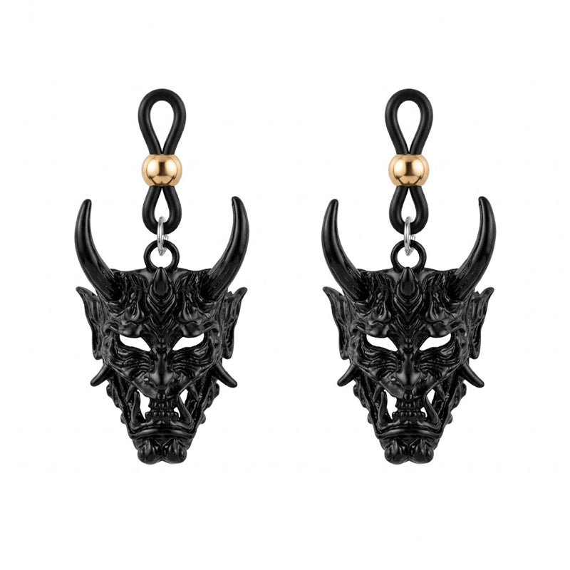 Pair of stealth black Japanese Prajna Oni mask non-piercing nipple clamps with black silicone loop clips (2 Pcs Set).