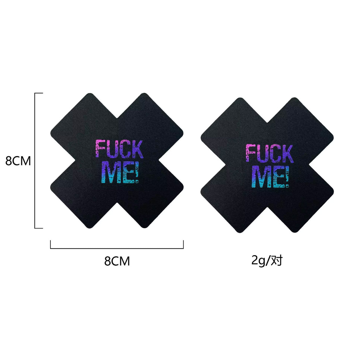 Size and weight chart diagram showing black cross nipple pasties measuring 8cm by 8cm and weighing 2g per pair.