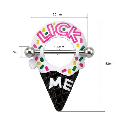 Size chart for ice cream nipple jewelry showing 42mm height and 1.4mm barbell thickness.