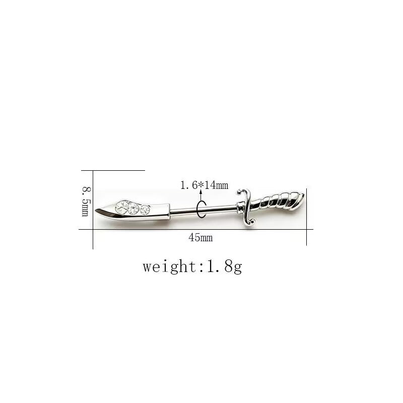 Crystal jeweled dagger sword shape nipple straight barbell 1.6x14mm dimension guide.