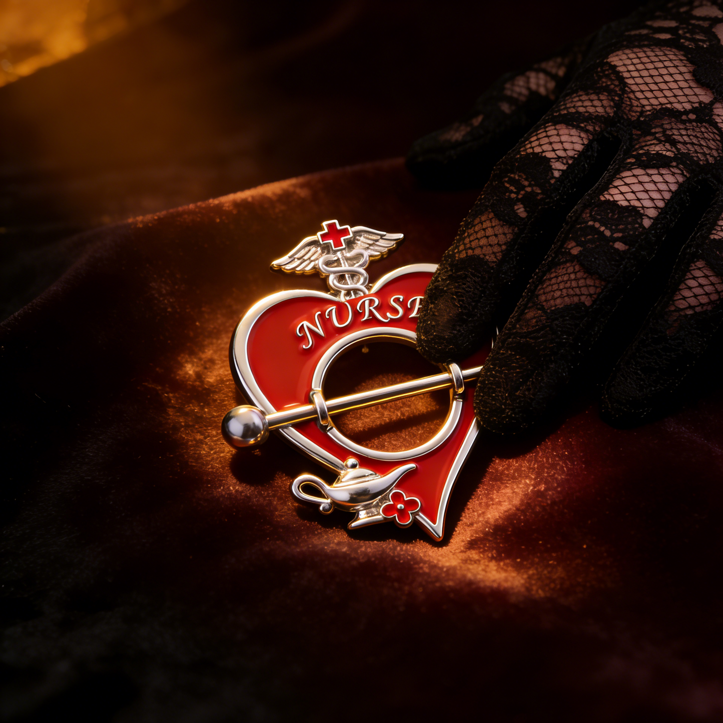A black lace-gloved hand touches a red nurse heart nipple shield resting on deep red velvet.