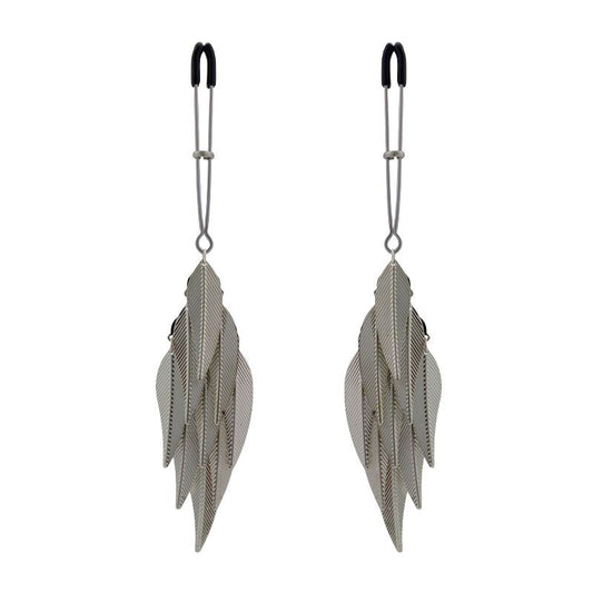 Luxury silver feather dangle body accessory with soft protective tips and adjustable pressure slider.