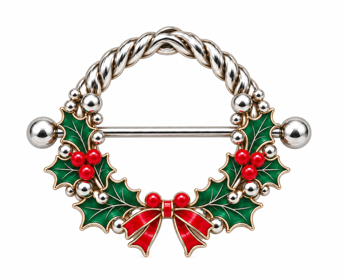 Christmas wreath nipple shield with green holly leaves, red berries and a red bow