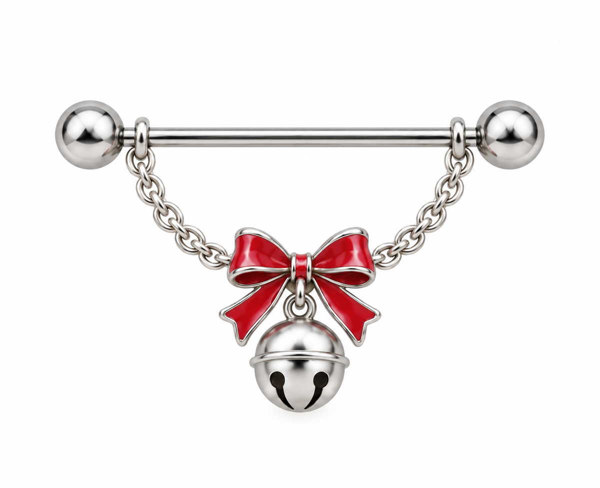Silver-tone nipple barbell with a chain, red bow and dangling bell