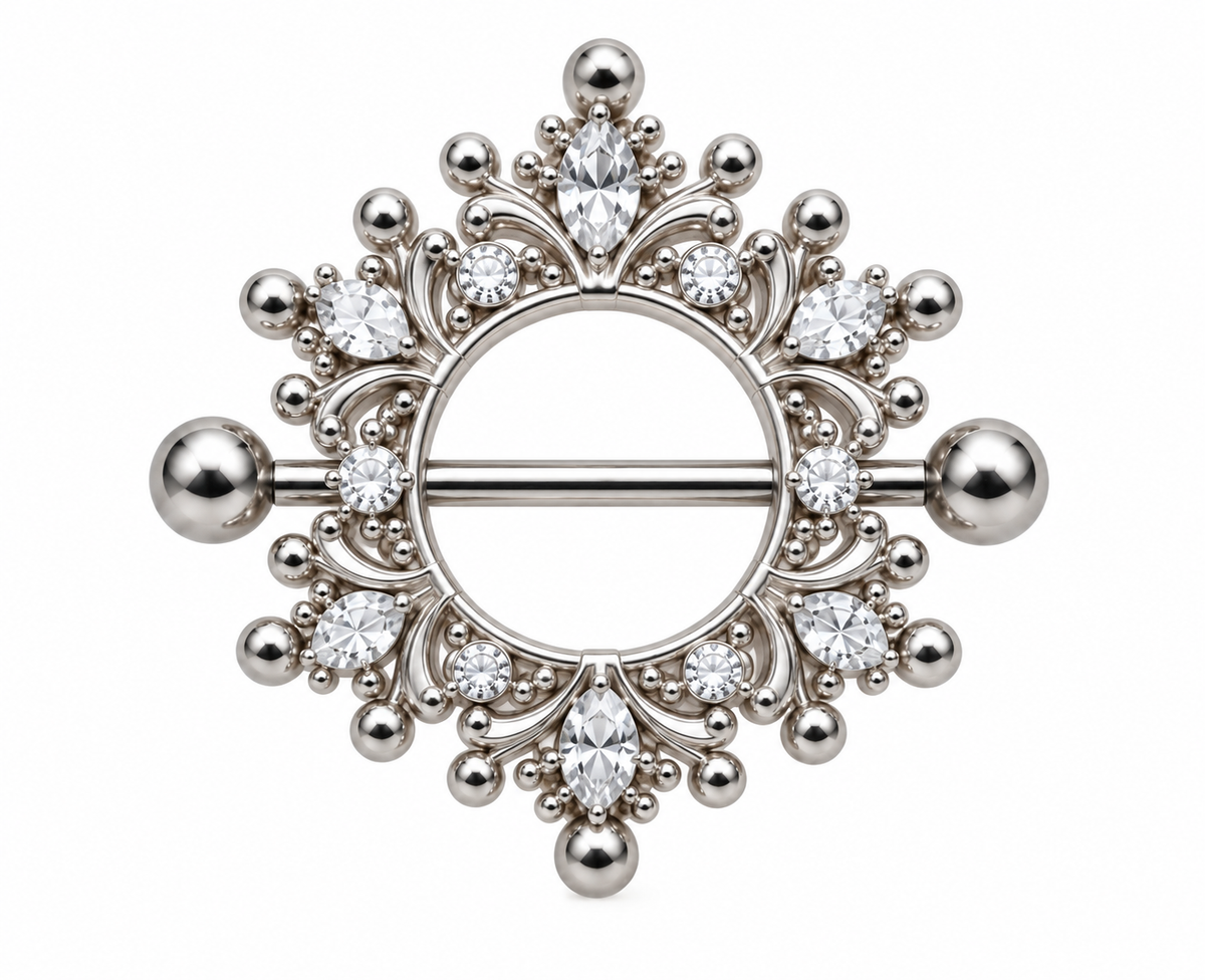 Silver-tone circular nipple shield with clear stones and ornate bead details
