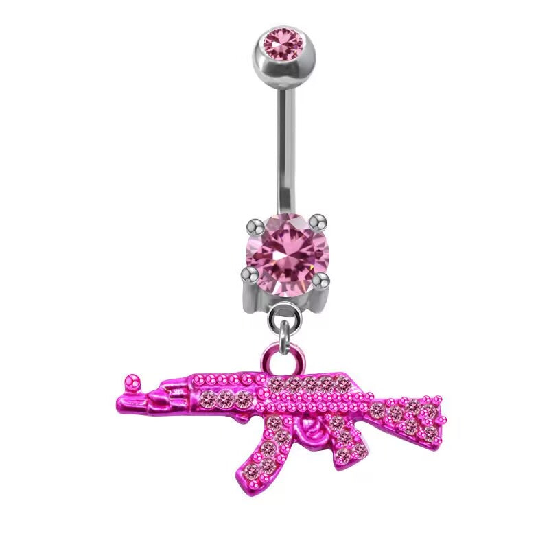 All metallic hot pink anodized belly ring bar and paved AK47 rifle charm with matching pink crystals.