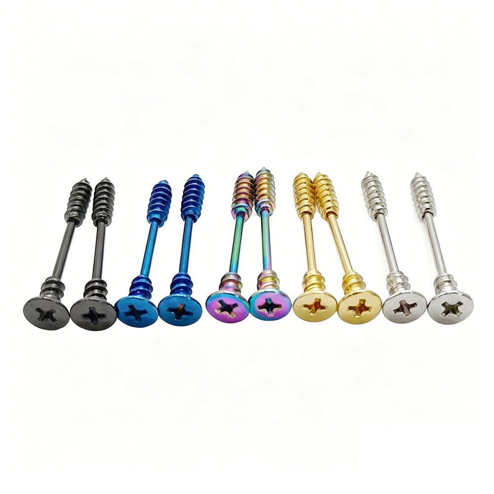 Collection of screw-shaped nipple rings in various colors.