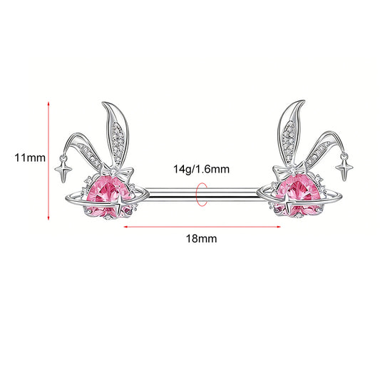 14G/18mm Sparkling Bunny Planet Nipple Barbell – Pink Crystal Heart & Rabbit Ear Body Jewelry