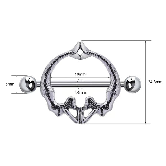 Detailed size chart for the pelvis nipple shield showing 1.6mm gauge and 18mm bar length.
