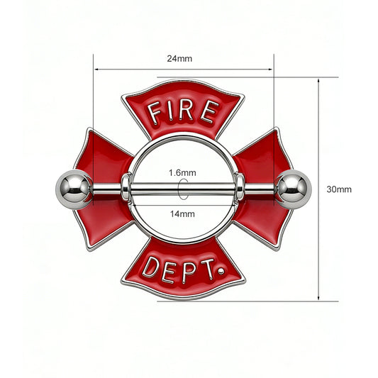 Detailed size chart for 14G fire dept. nipple shield showing 14mm bar length.