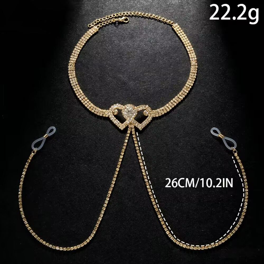 Gold rhinestone heart choker body chain with non-pierced nipple loop connectors, showing 22.2g weight and 26cm length measurements.