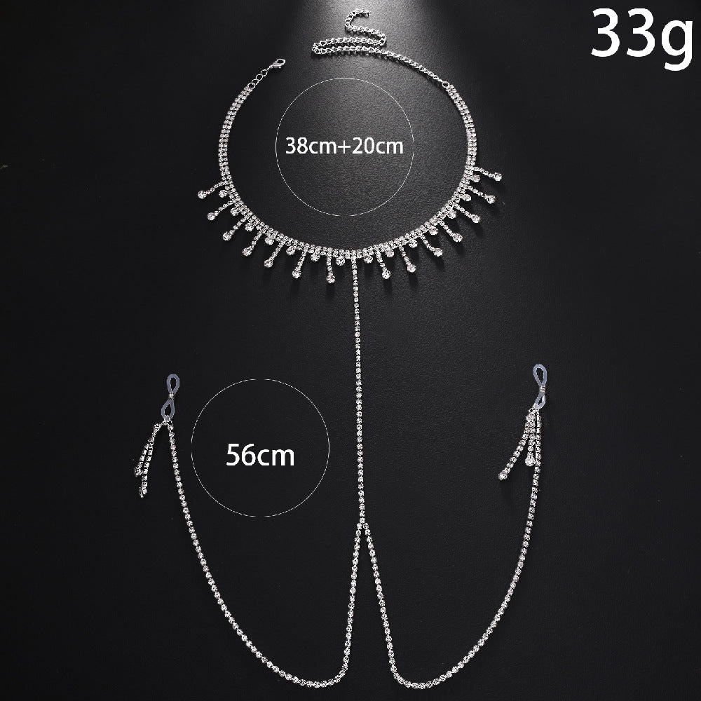 Product layout of a silver crystal necklace to nipple chain showing dimensions of 38cm plus 20cm choker, 56cm drop chain, and a product weight of 33g with adjustable silicone loops.