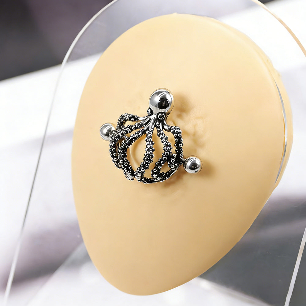 Visual representation of an octopus nipple shield worn on a silicone model to show the 3D wrap-around effect.