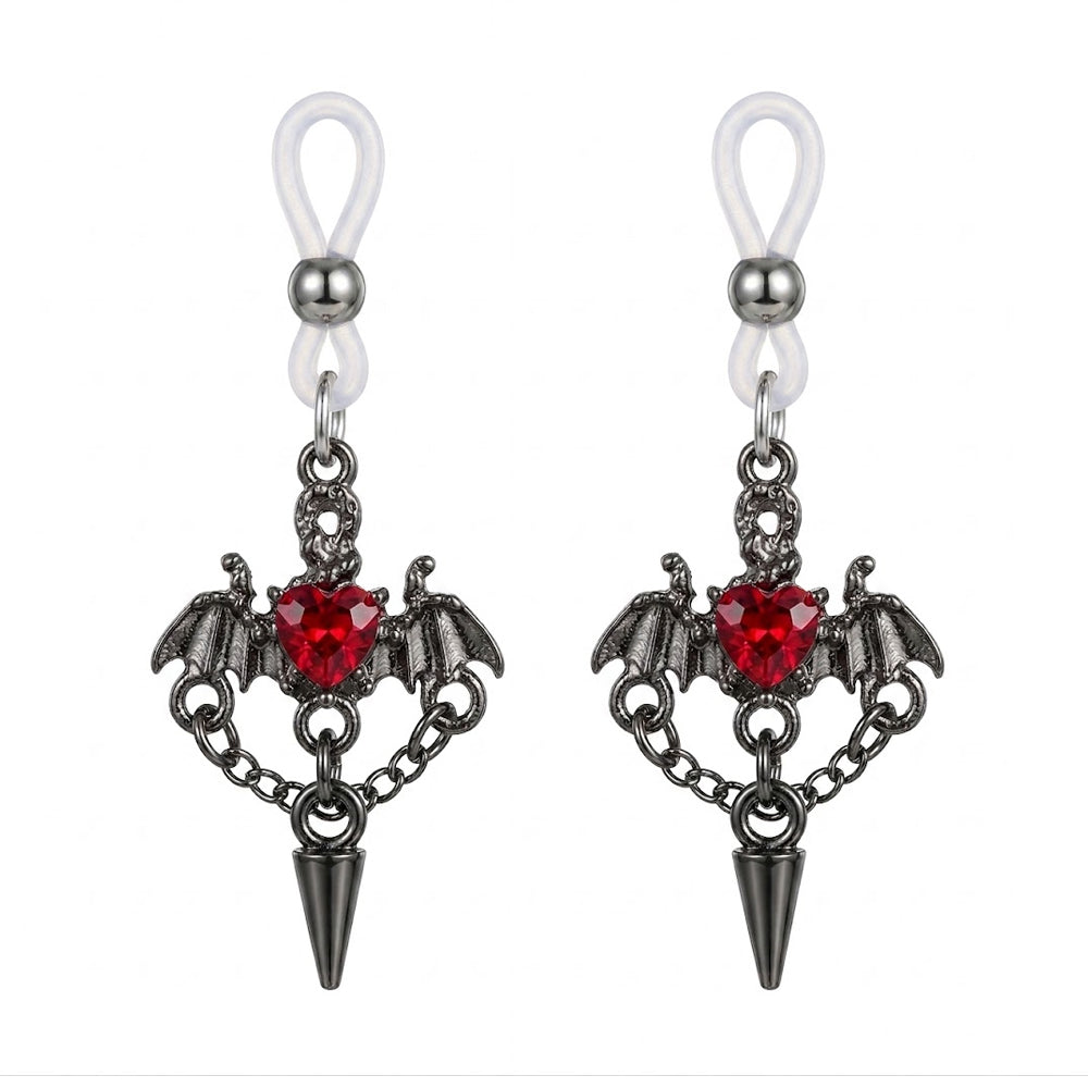 Goth Bat Wing Heart Non-Pierced Nipple Rings - Y2K Punk Adjustable Body Jewelry